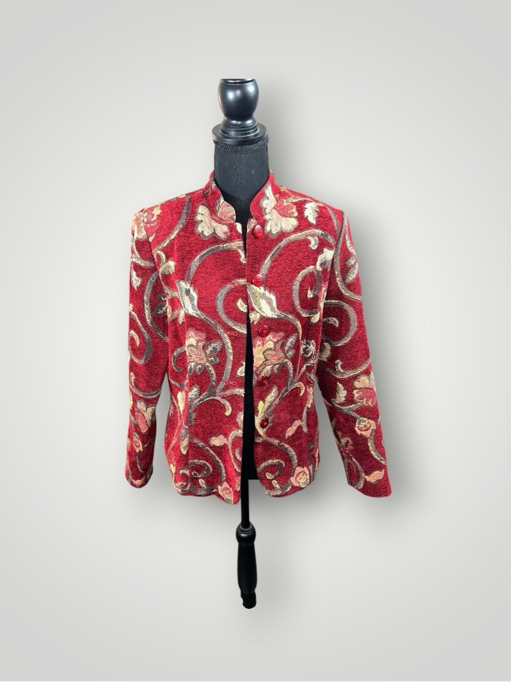Red Floral Vintage Tapestry Stand-Collar Women's Jacket